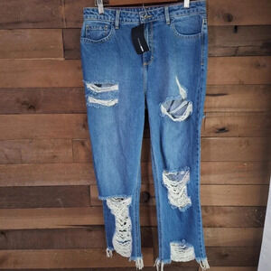 Fashion Nova Destroyed  Light Wash High Waist Jean with Raw Hemline Size 11